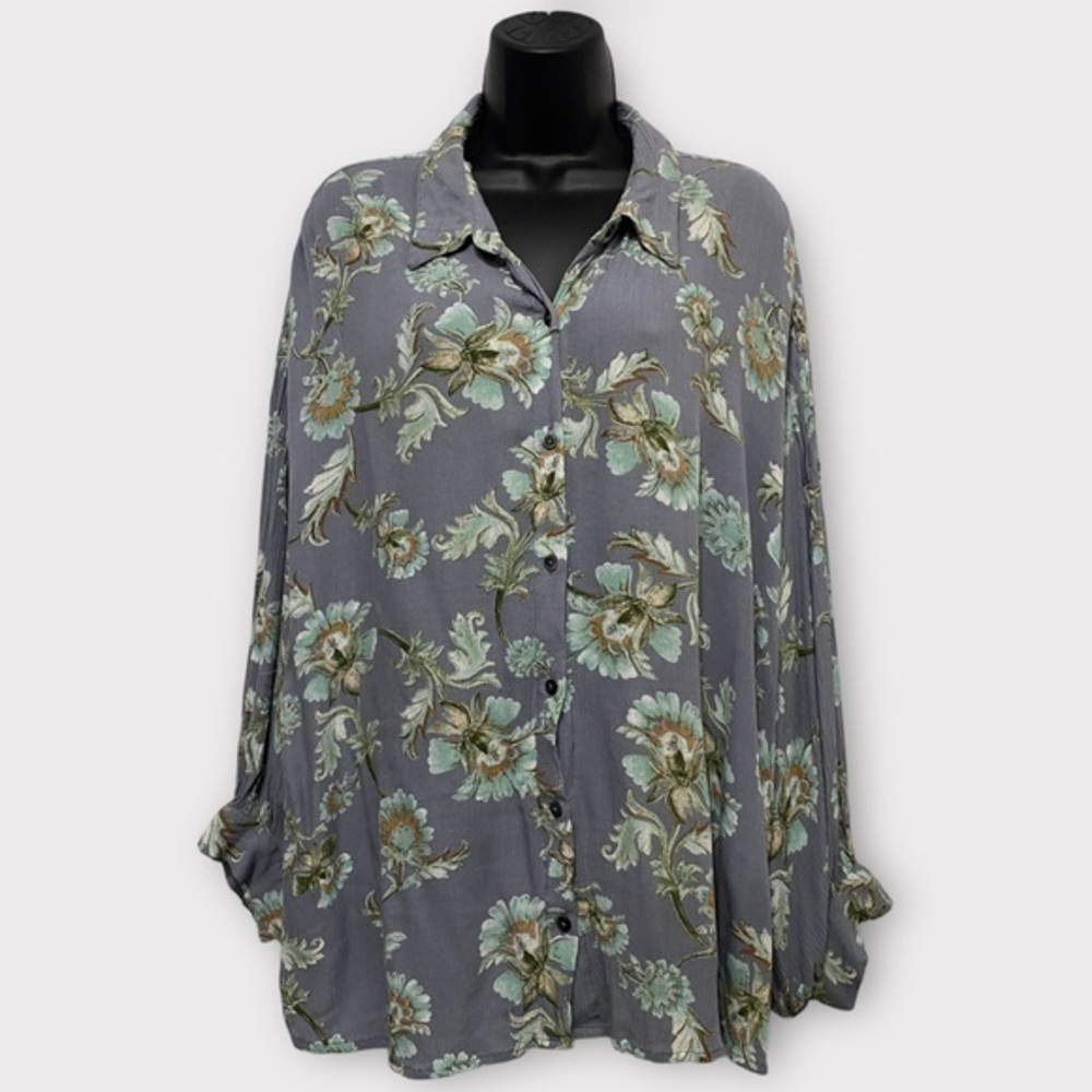 Nine West Blue Gray Floral Long 3/4 Sleeve Button Front Top Size XL